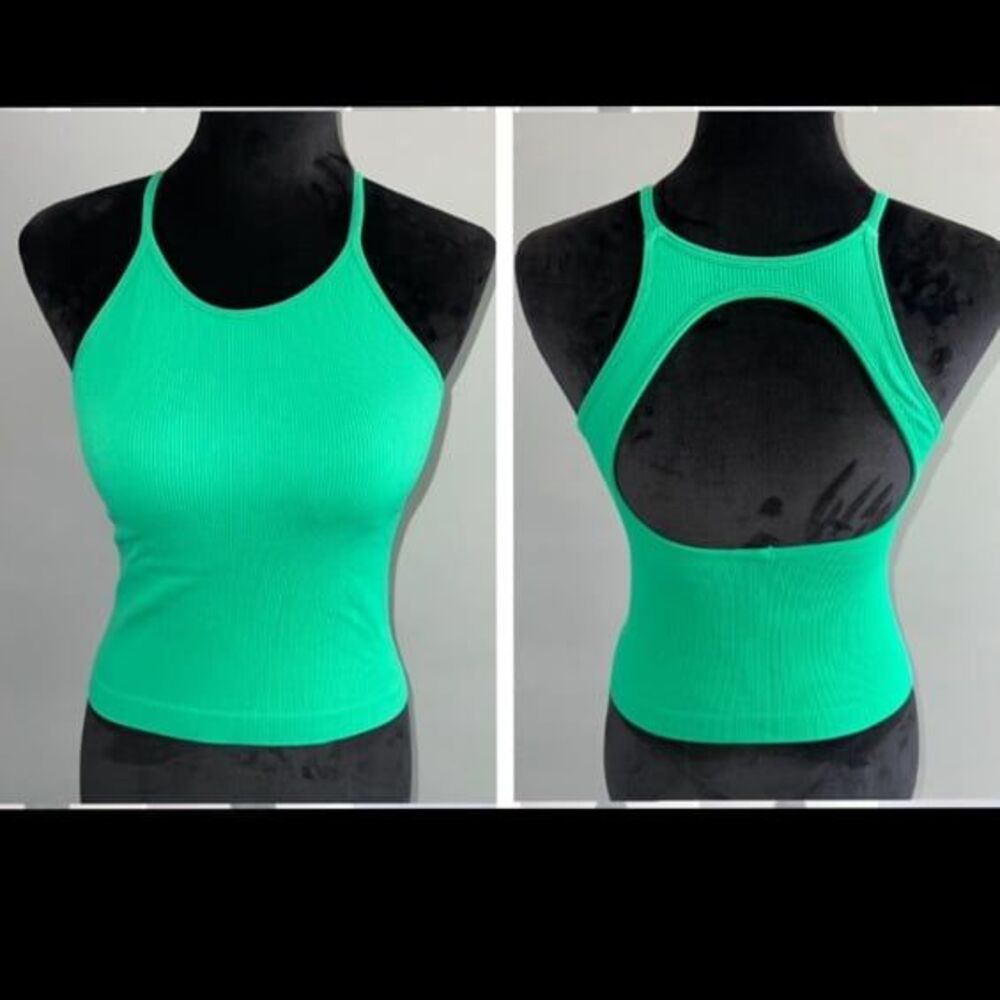Women’s High Neck Open Back Ribbed Athletic Crop Top Tank Small Green